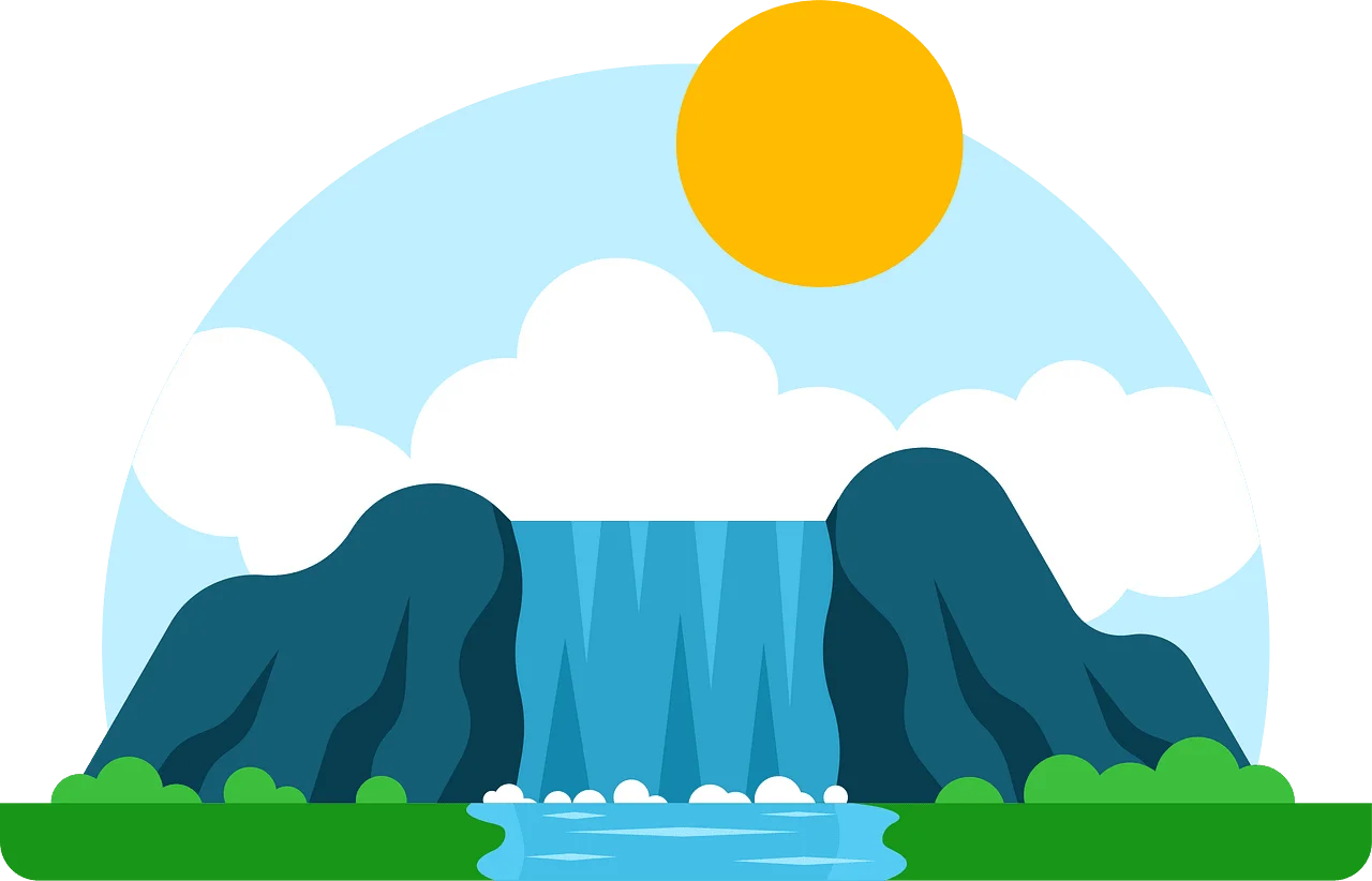 Serene Waterfall Landscape Clipart with Sunny Sky and Flowing Water
