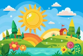 Whimsical Countryside Landscape Clipart with Sunny Day and Playful Nature Scene