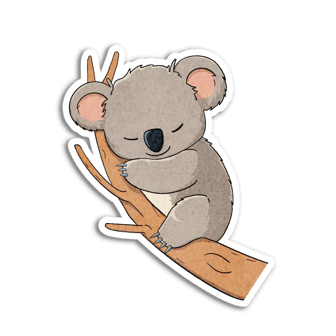 Adorable Sleepy Koala Perched on Branch Cute Hand-Drawn Cartoon Clipart Illustration