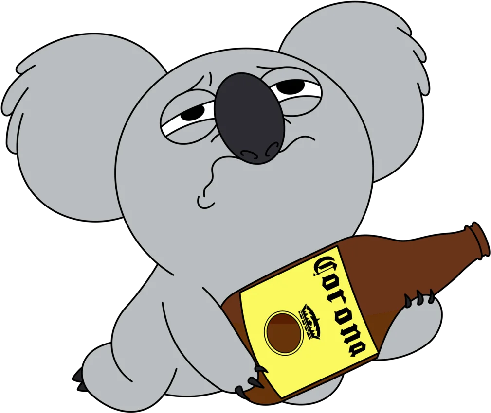 Weary Koala Bear Clipart Holding Beer Bottle in Humorous Cartoon Style