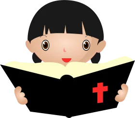 Adorable Child Reading Holy Bible Clipart with Inspirational Learning Icon