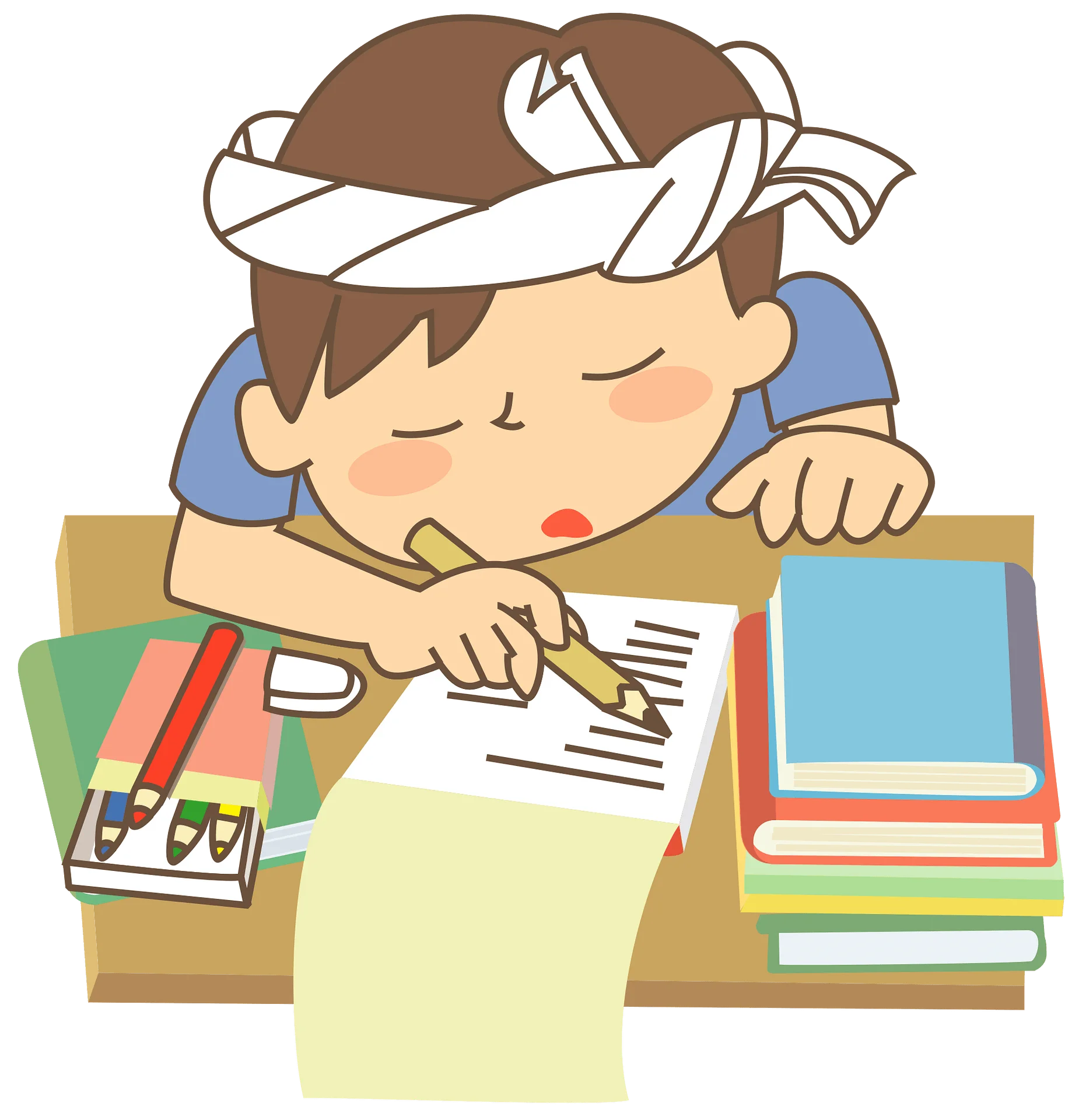 Adorable Student Studying Hard: Focused Child Learning with Colorful School Supplies Clipart