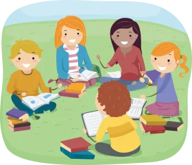 Cheerful Children Studying Together in Colorful Educational Clipart Scene
