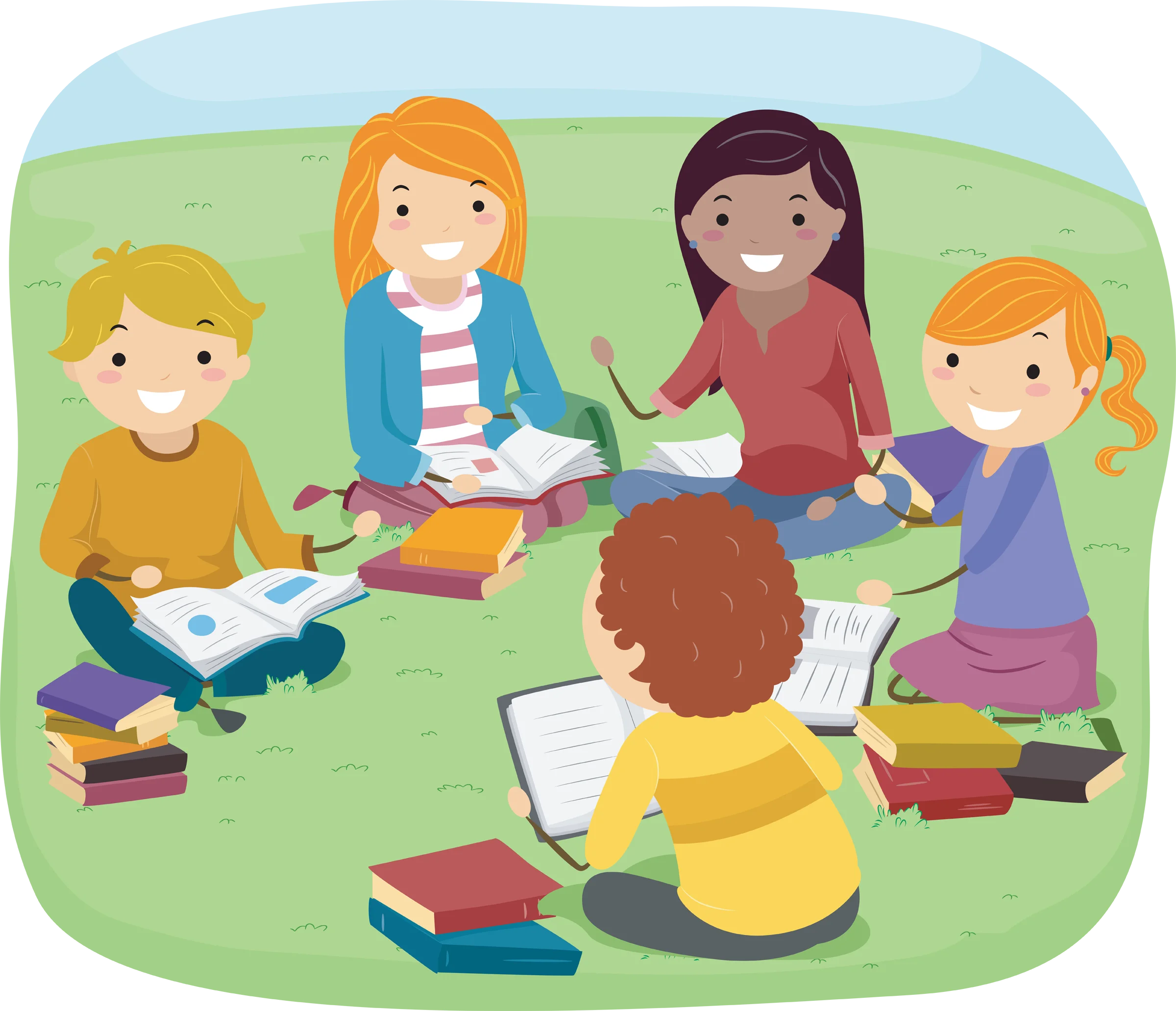 Cheerful Children Studying Together in Colorful Educational Clipart Scene