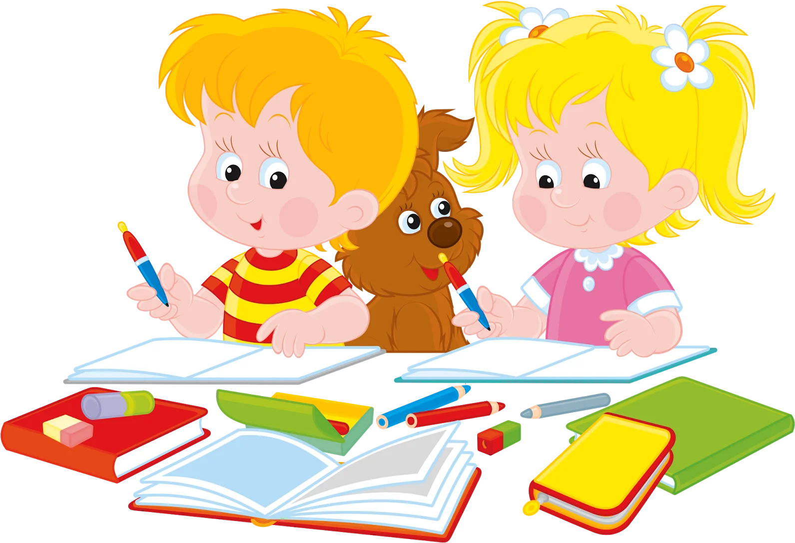 Cheerful Children Studying Together with Cute Cartoon Clipart Illustration