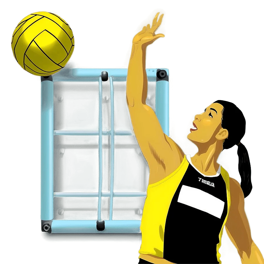 Female Volleyball Player Reaching for Ball Near Net - Dynamic Sports Clipart Illustration