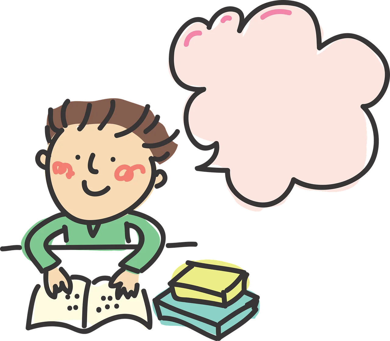 Focused Student Studying with Books and Thought Bubble Cartoon Clipart Illustration