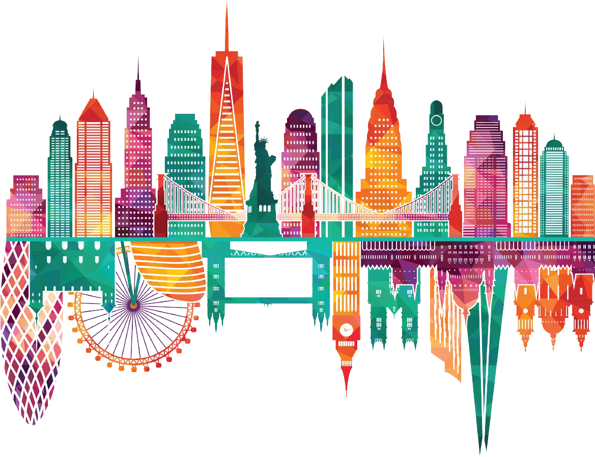 Kaleidoscopic New York City Skyline Architectural Clipart Illustration
