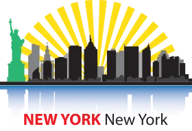 New York City Skyline Clipart with Statue of Liberty and Radiant Sunburst