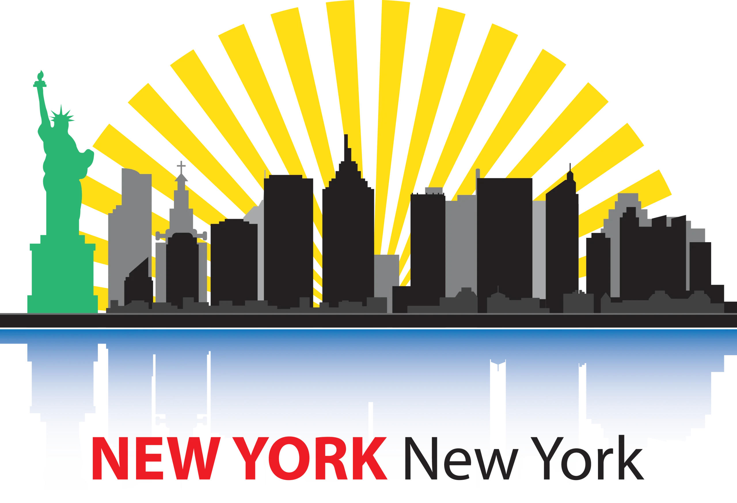 New York City Skyline Clipart with Statue of Liberty and Radiant Sunburst