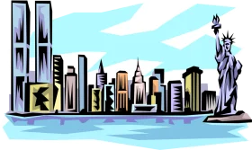 New York City Skyline with Twin Towers and Statue of Liberty Stylized Clipart Illustration