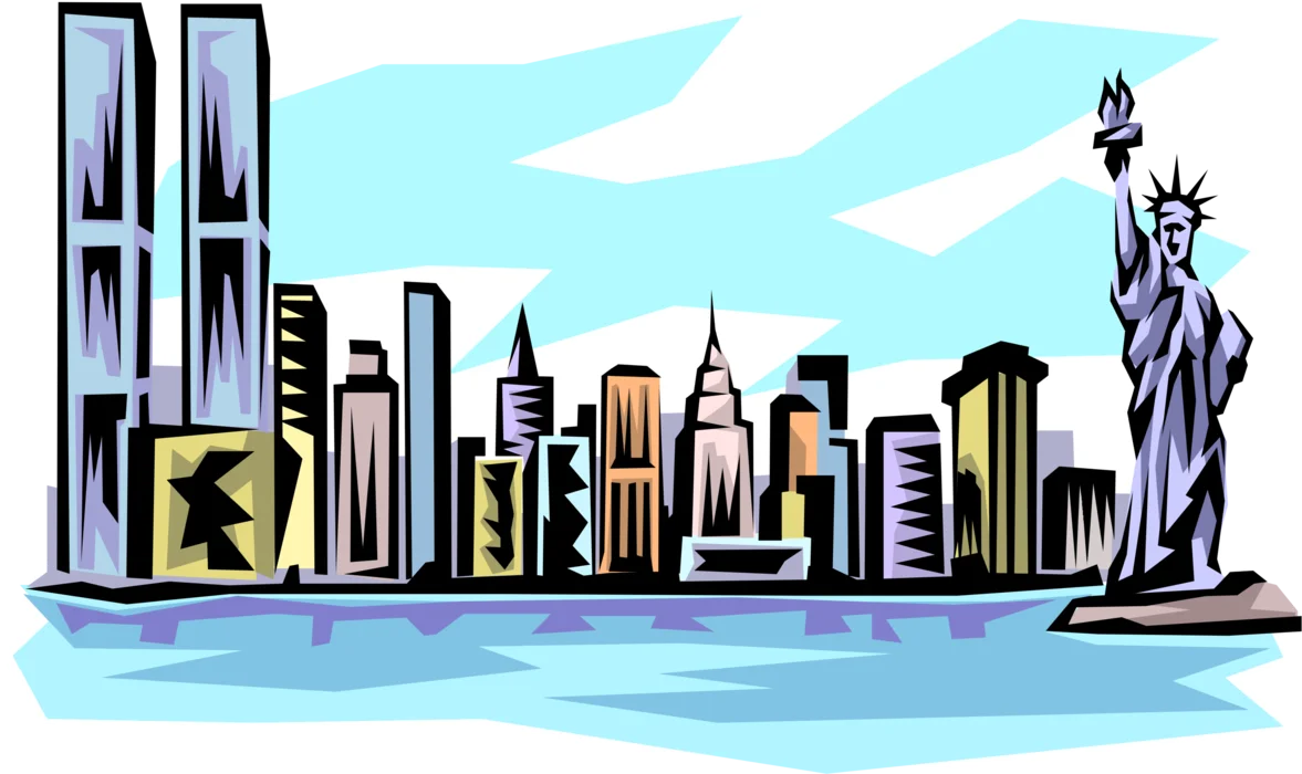 New York City Skyline with Twin Towers and Statue of Liberty Stylized Clipart Illustration