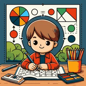 Young Student Learning with Colorful Educational Geometry Clipart Illustration