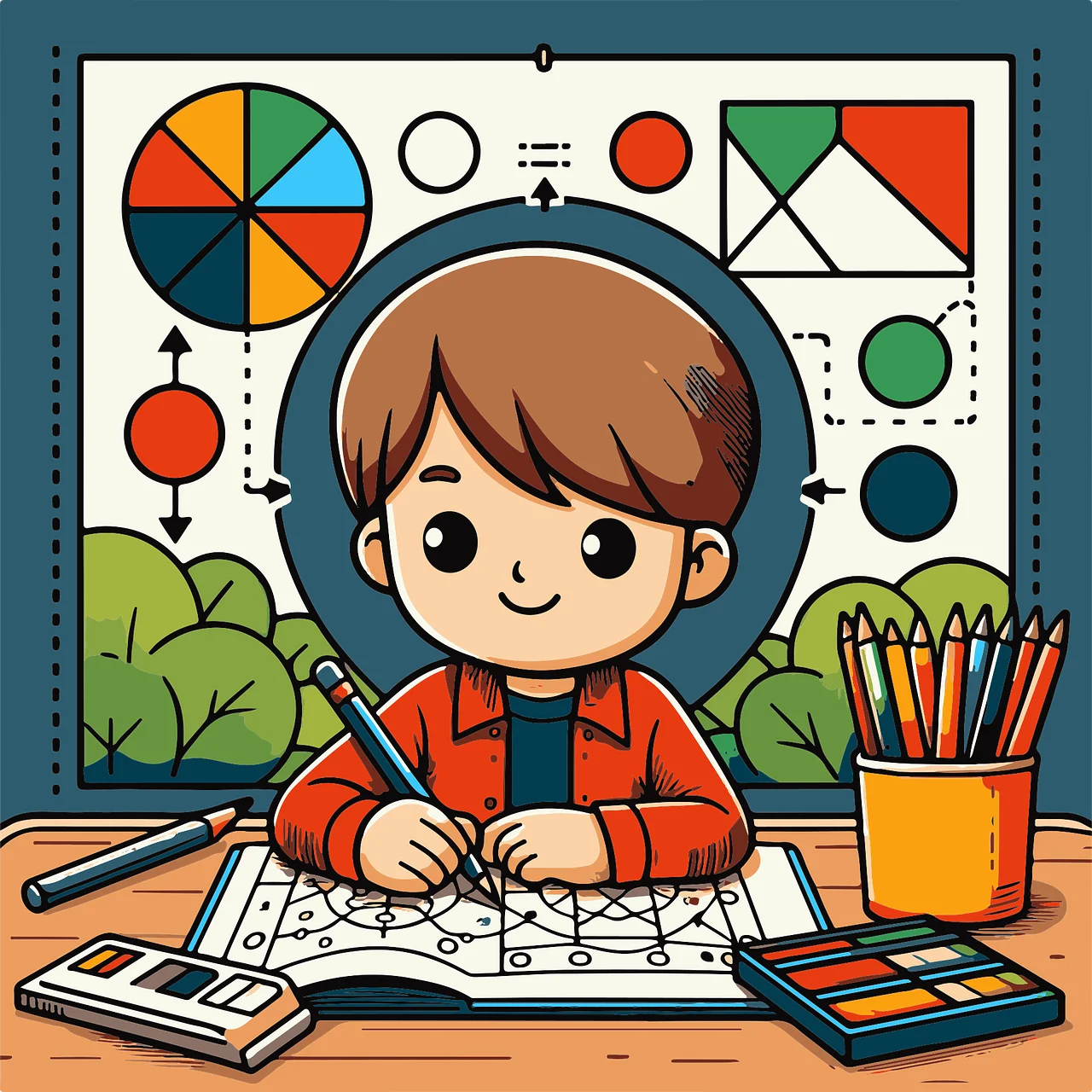 Young Student Learning with Colorful Educational Geometry Clipart Illustration