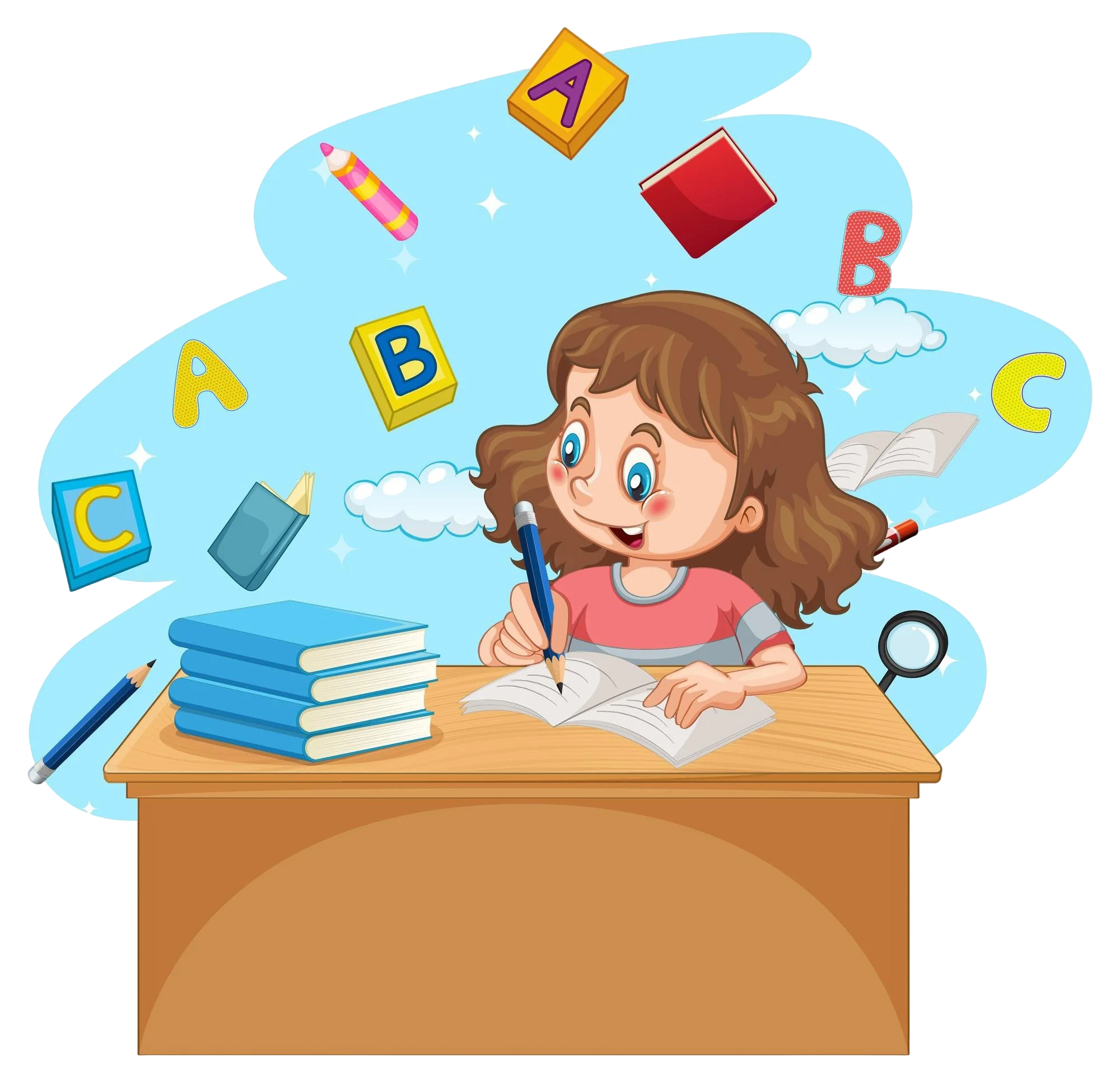 Young Student Learning with Floating Alphabet Clipart Illustration