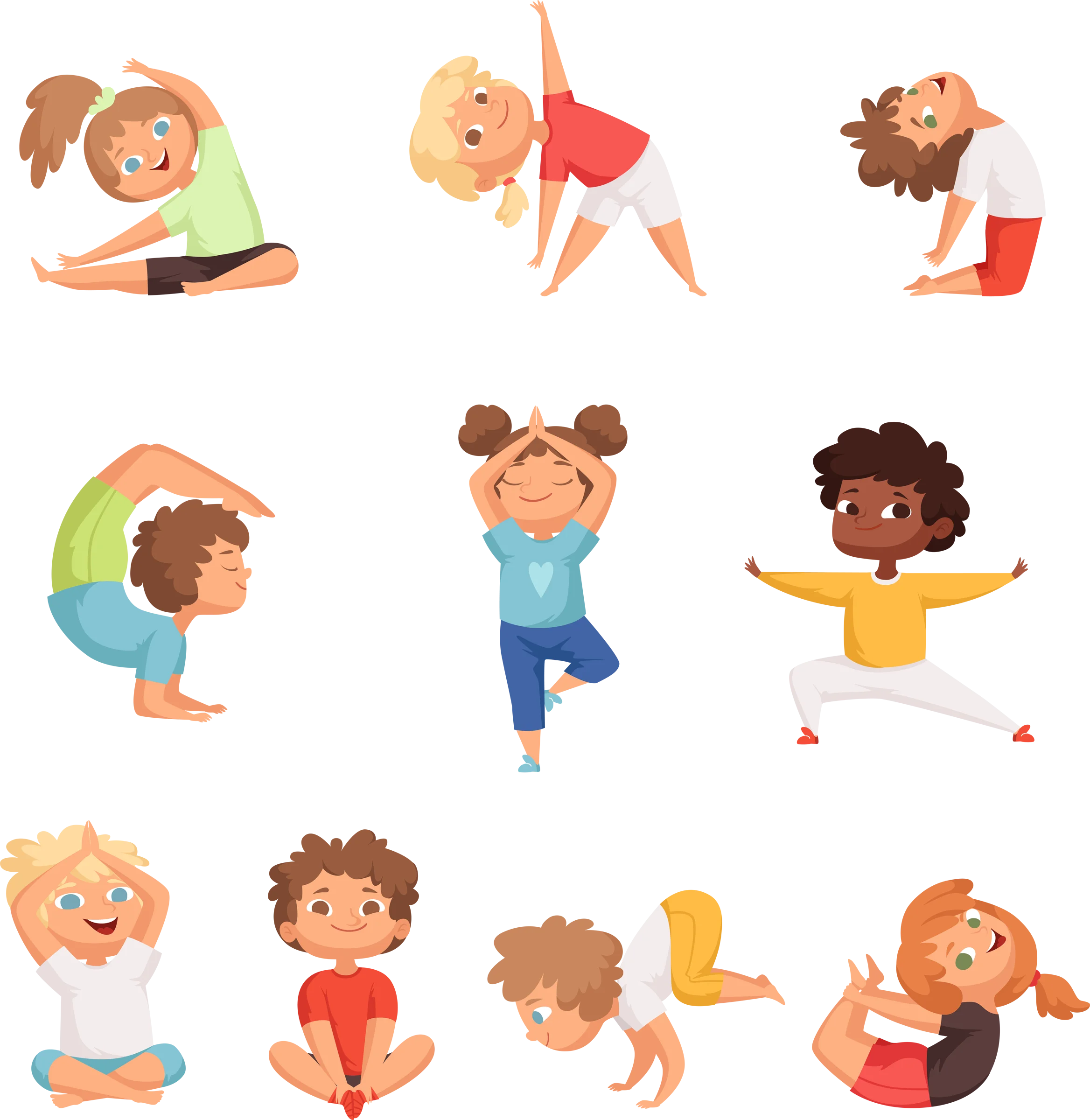 Adorable Kids Yoga and Stretching Poses Cartoon Clipart Collection