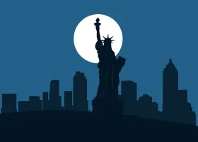 Moonlit New York City Skyline Silhouette Clipart - Statue of Liberty Night Scene
