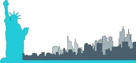 Stylized New York City Skyline Clipart with Statue of Liberty Silhouette in Teal and Gray