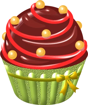 Delectable Chocolate Cupcake Clipart with Golden Pearls and Festive Ribbon