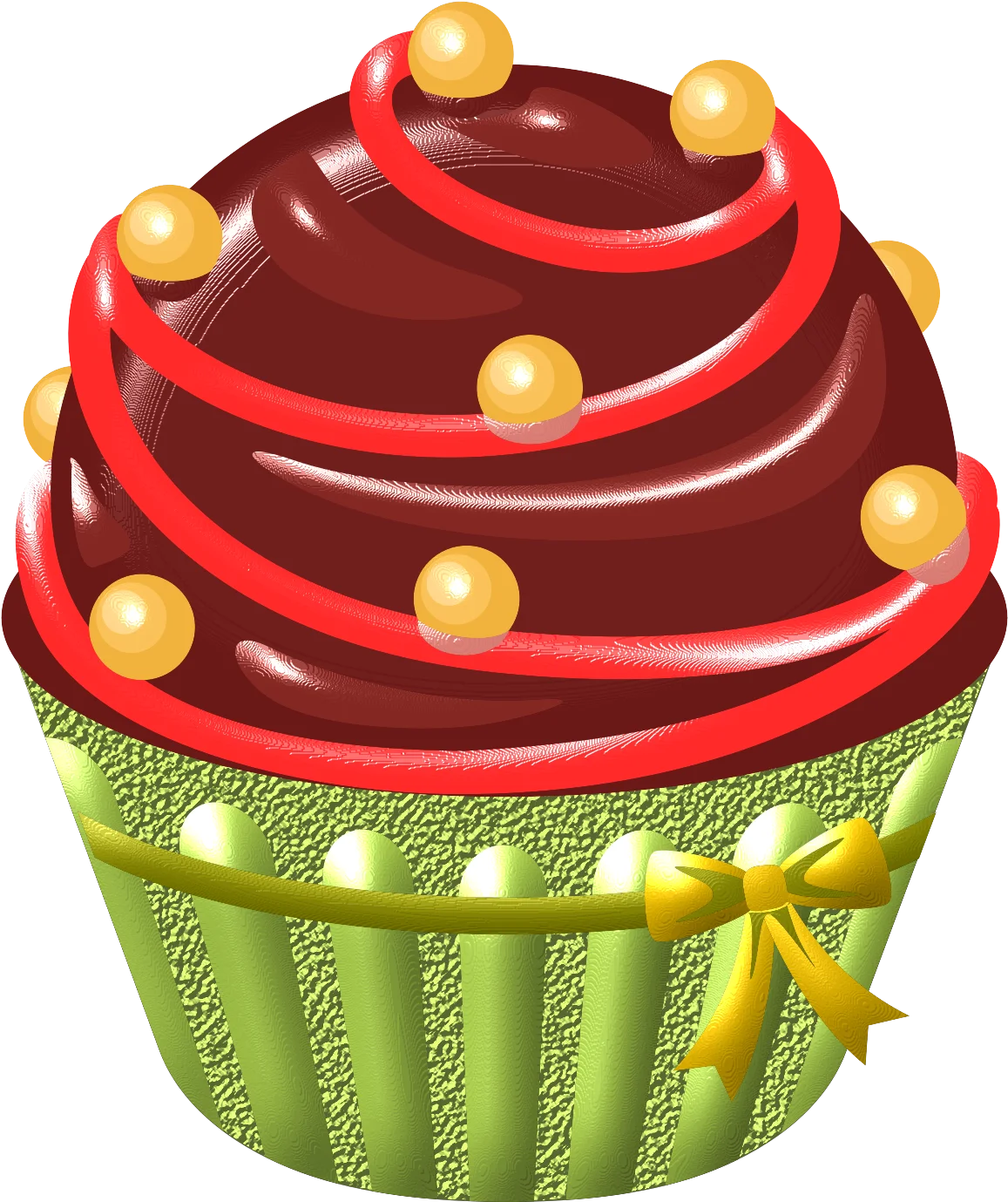 Delectable Chocolate Cupcake Clipart with Golden Pearls and Festive Ribbon