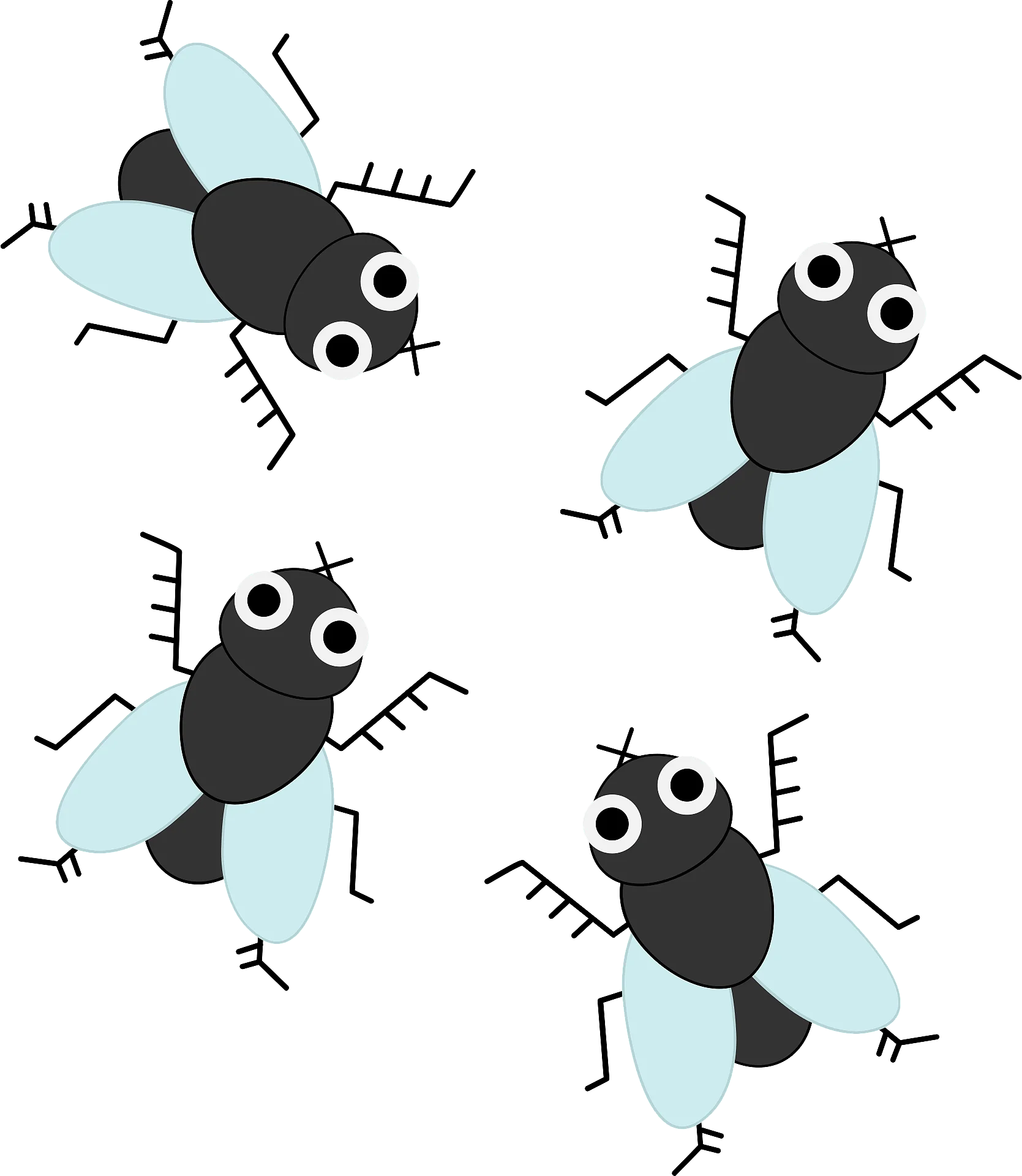 Whimsical Cartoon Flies Clipart: Playful Black and Blue Insect Illustration