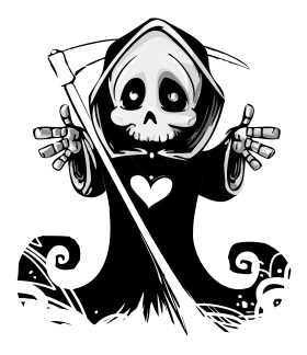 Adorable Grim Reaper Chibi Skull Clipart with Whimsical Heart Design