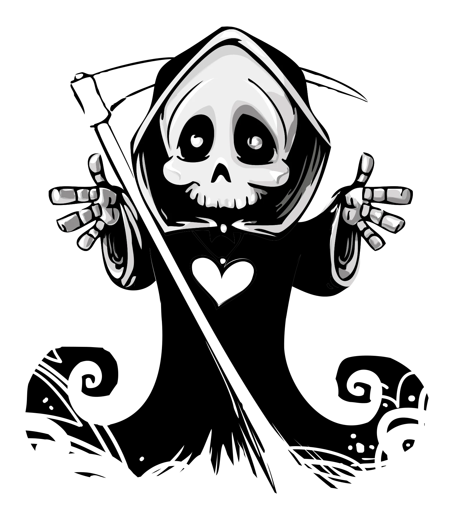 Adorable Grim Reaper Chibi Skull Clipart with Whimsical Heart Design
