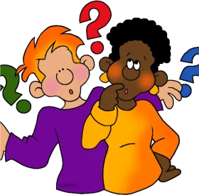 Cartoon Characters Expressing Confusion with Colorful Question Mark Clipart Illustration