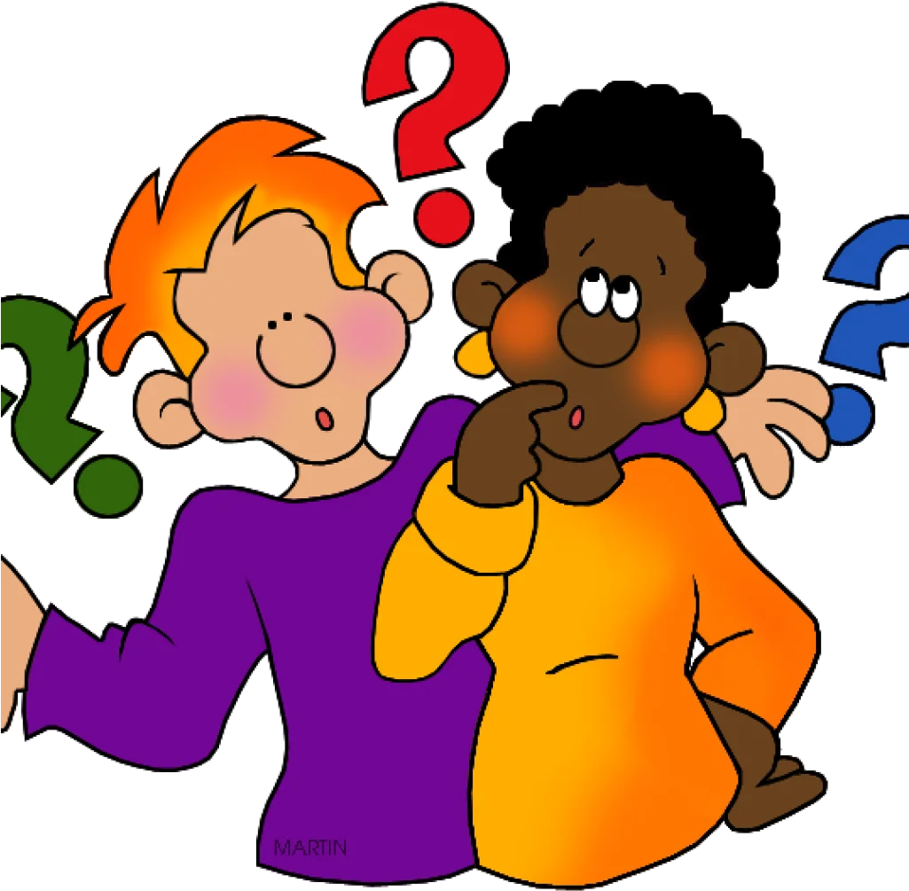 Cartoon Characters Expressing Confusion with Colorful Question Mark Clipart Illustration