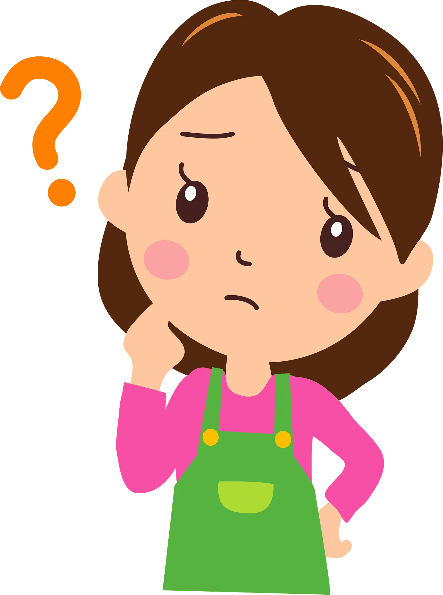 Curious Child in Green Apron: A Questioning Clipart Illustration of Puzzlement