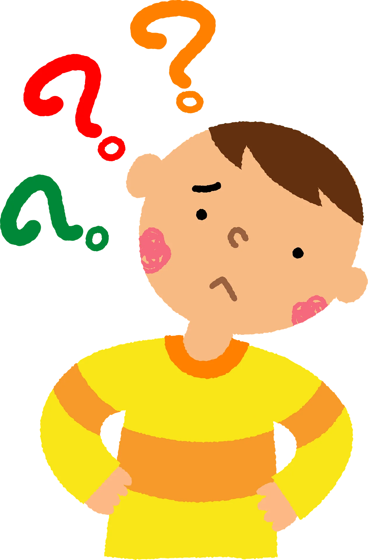 Curious Child with Colorful Question Mark Thought Bubbles Clipart Illustration