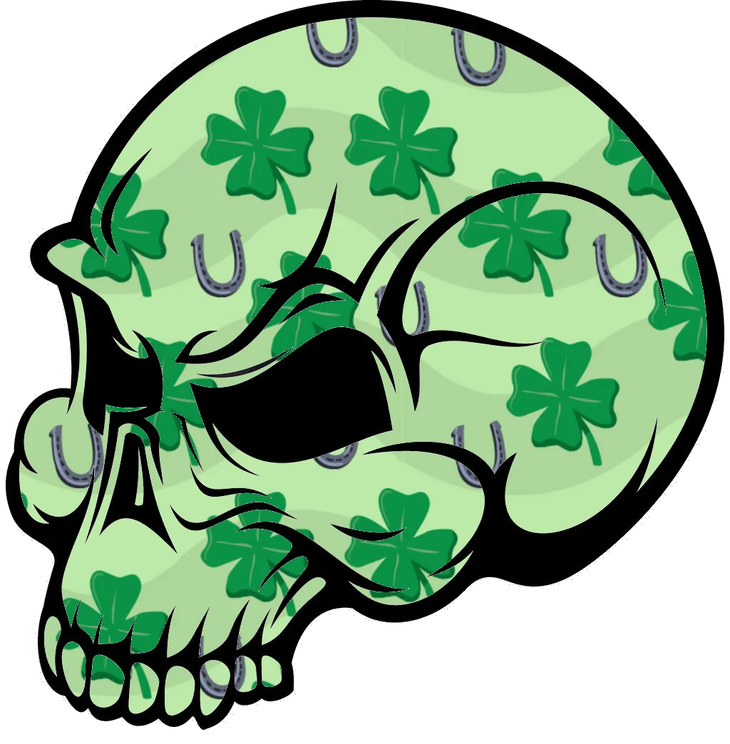 Emerald Shamrock Skull Clipart: Lucky Celtic Design with Four-Leaf Clover Pattern