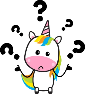 Perplexed Unicorn Clipart: A Colorful Character Surrounded by Questioning Marks