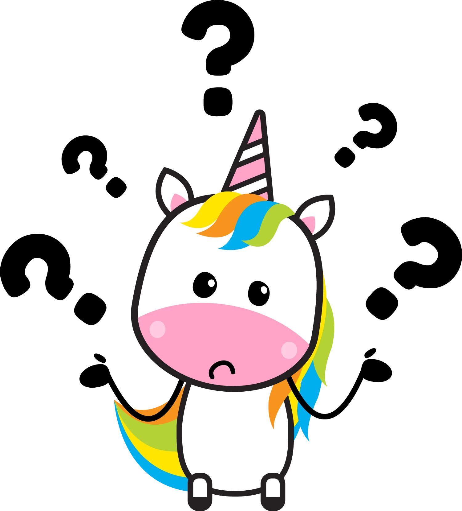 Perplexed Unicorn Clipart: A Colorful Character Surrounded by Questioning Marks