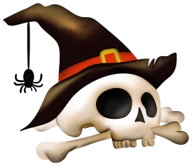 Spooky Halloween Witch Skull Clipart with Dangling Spider and Enchanted Hat
