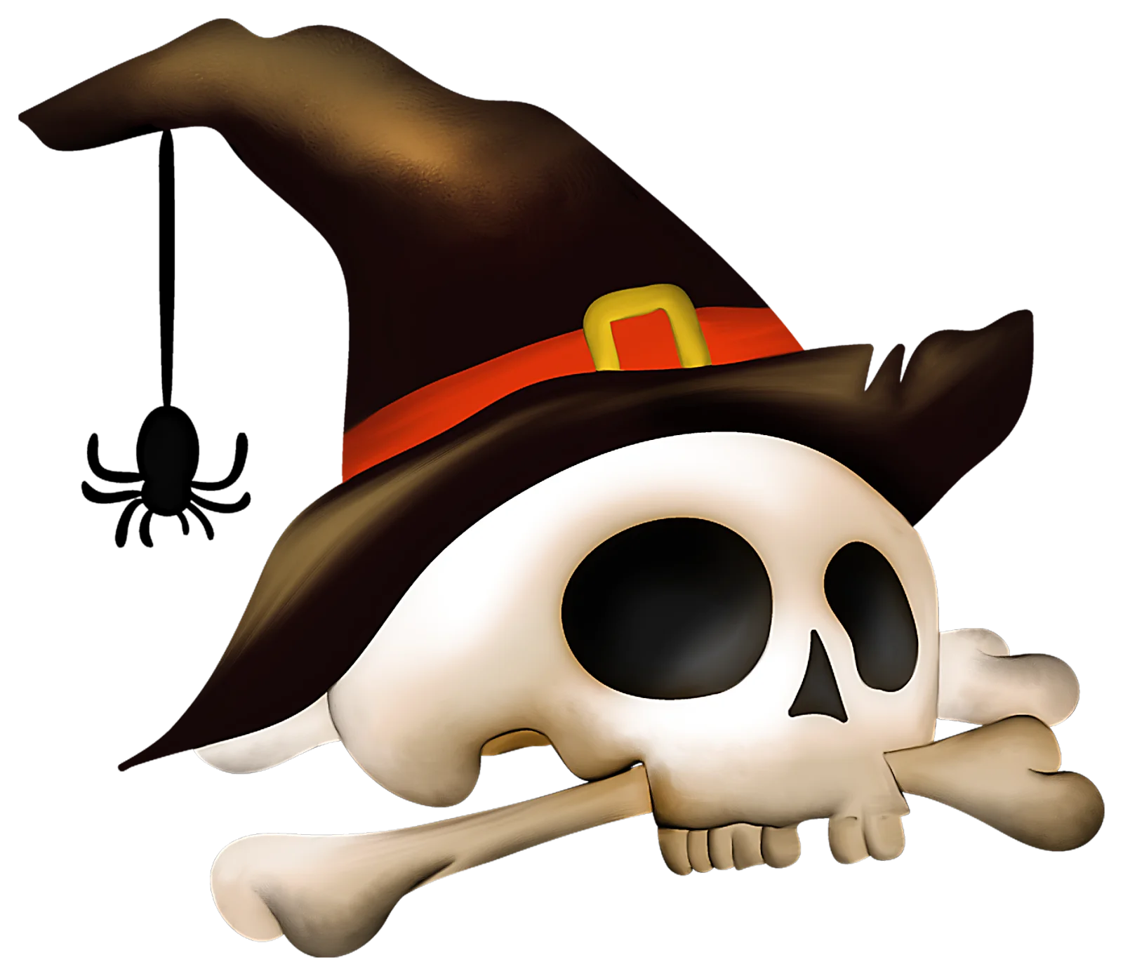 Spooky Halloween Witch Skull Clipart with Dangling Spider and Enchanted Hat