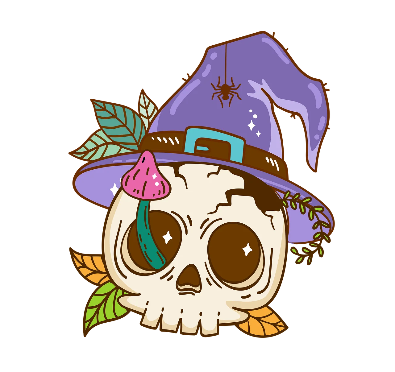 Whimsical Halloween Magical Skull Clipart with Enchanting Witch Hat and Botanical Charm