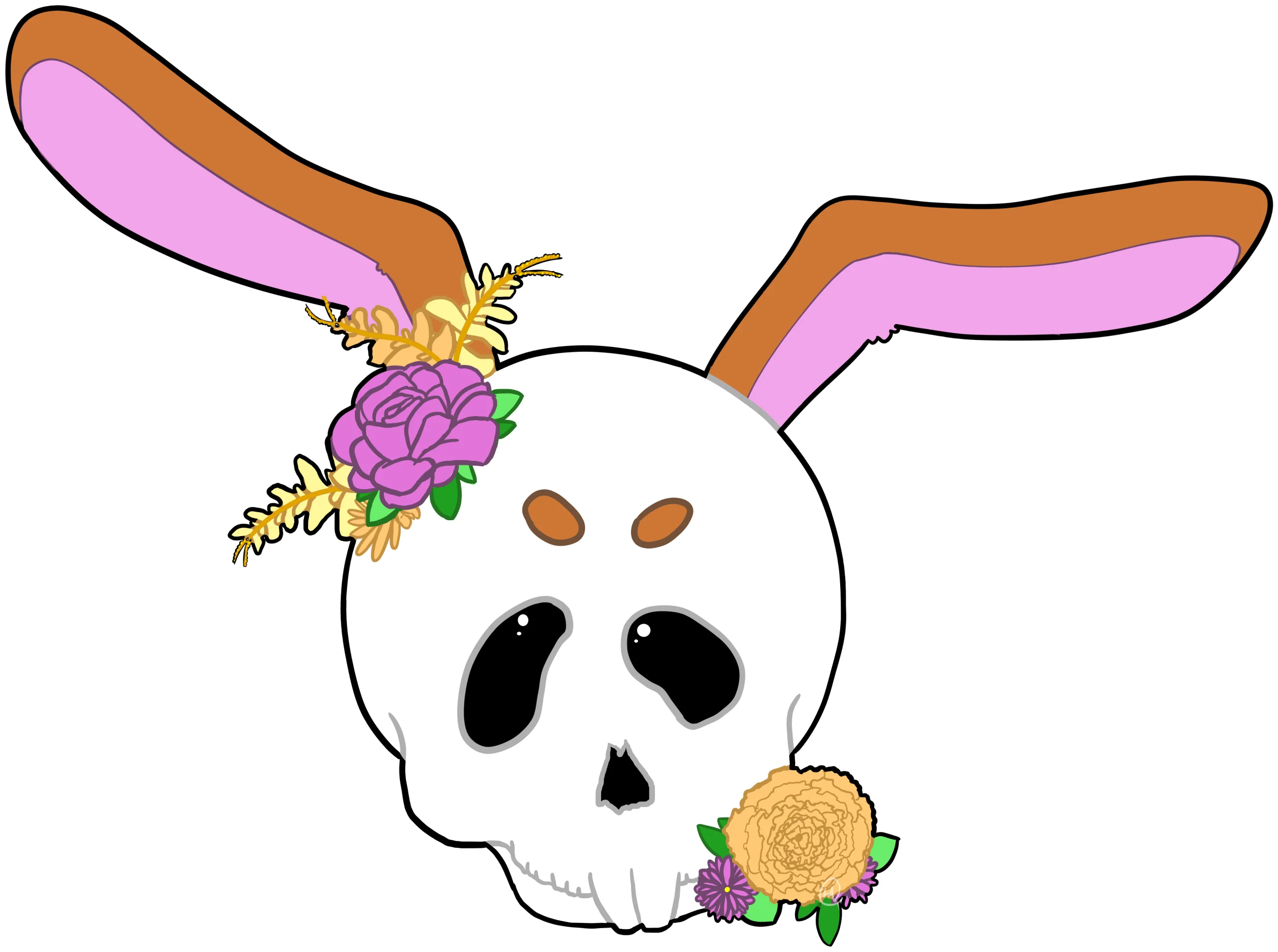 Whimsical Skull Clipart with Adorable Bunny Ears and Floral Accents