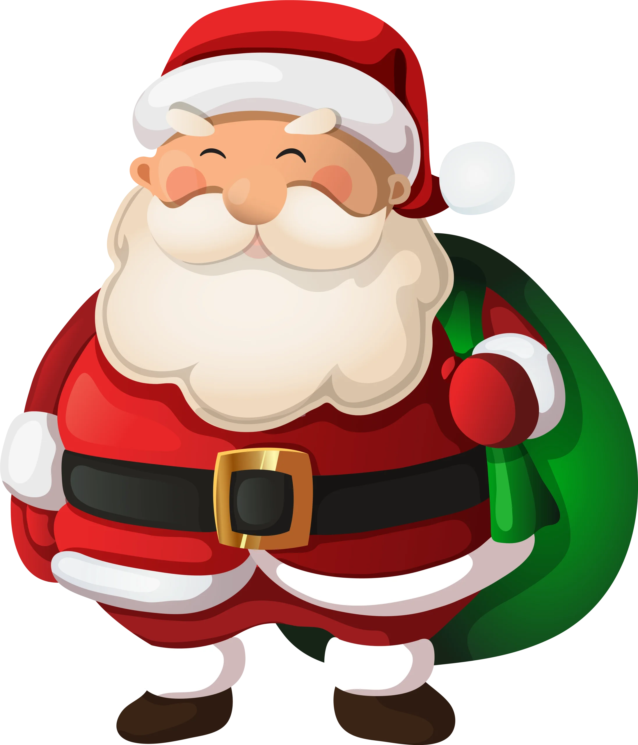Cheerful Classic Santa Claus Clipart with Rosy Cheeks and Festive Green Sack