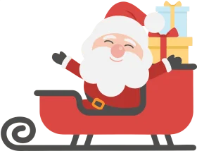 Cheerful Santa Claus Riding Festive Red Sleigh with Stacked Gift Boxes Clipart Design