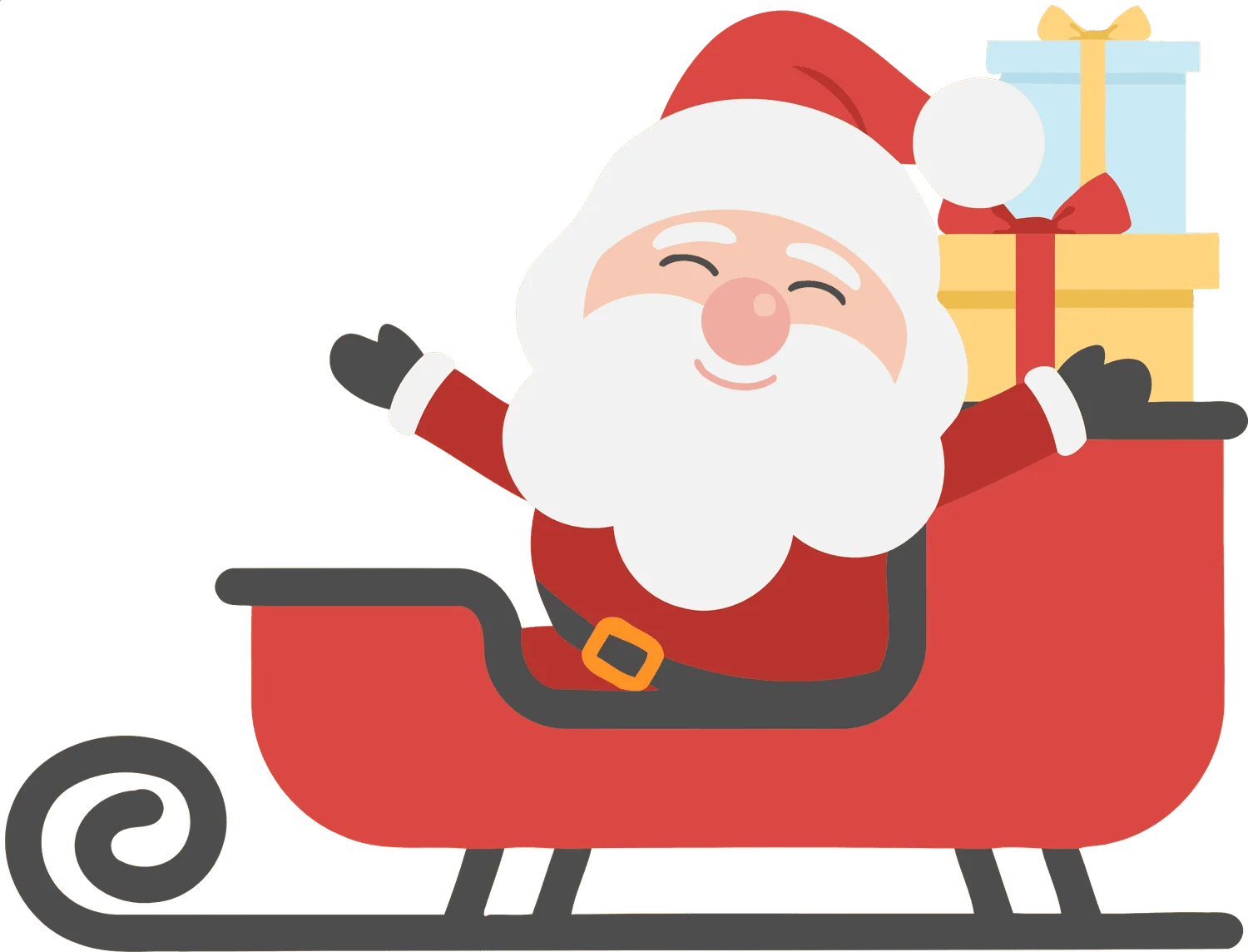 Cheerful Santa Claus Riding Festive Red Sleigh with Stacked Gift Boxes Clipart Design
