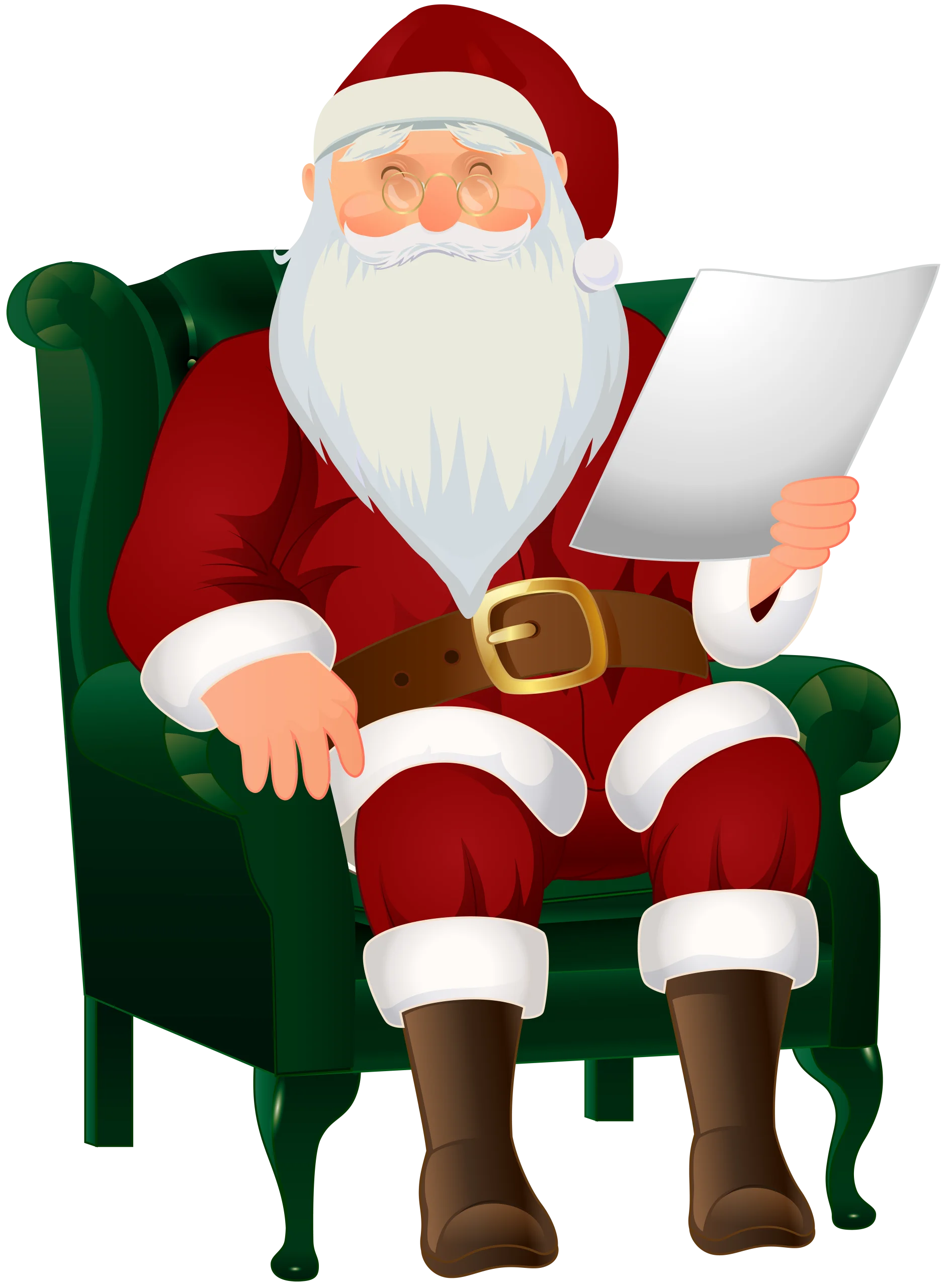 Cheerful Santa Claus Sitting in Armchair Reading Wishlist Clipart Illustration
