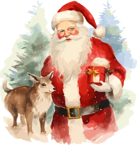 Enchanting Watercolor Santa Claus Clipart with Reindeer in Snowy Winter Landscape
