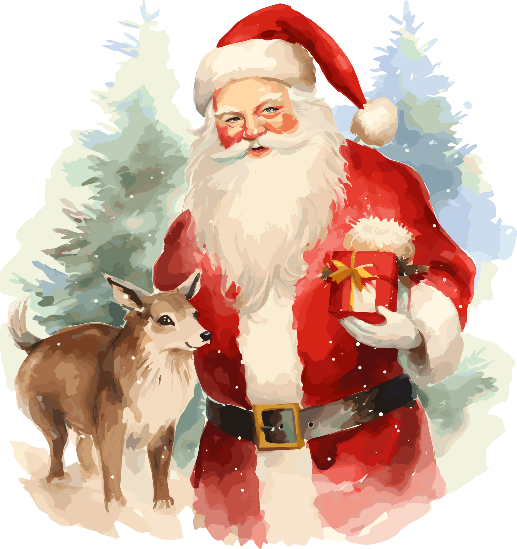 Enchanting Watercolor Santa Claus Clipart with Reindeer in Snowy Winter Landscape
