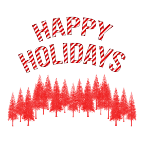 Festive Red and White Happy Holidays Clipart with Pine Forest Silhouette