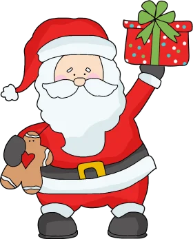 Festive Santa Claus Clipart: Cheerful Holiday Character with Gift and Gingerbread Man