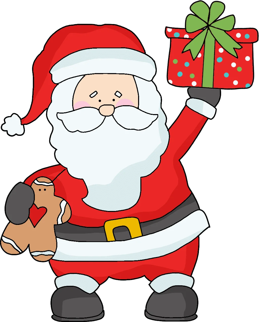 Festive Santa Claus Clipart: Cheerful Holiday Character with Gift and Gingerbread Man