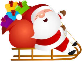 Festive Santa Claus Clipart: Jolly Saint Nick Riding Wooden Sleigh with Colorful Gifts