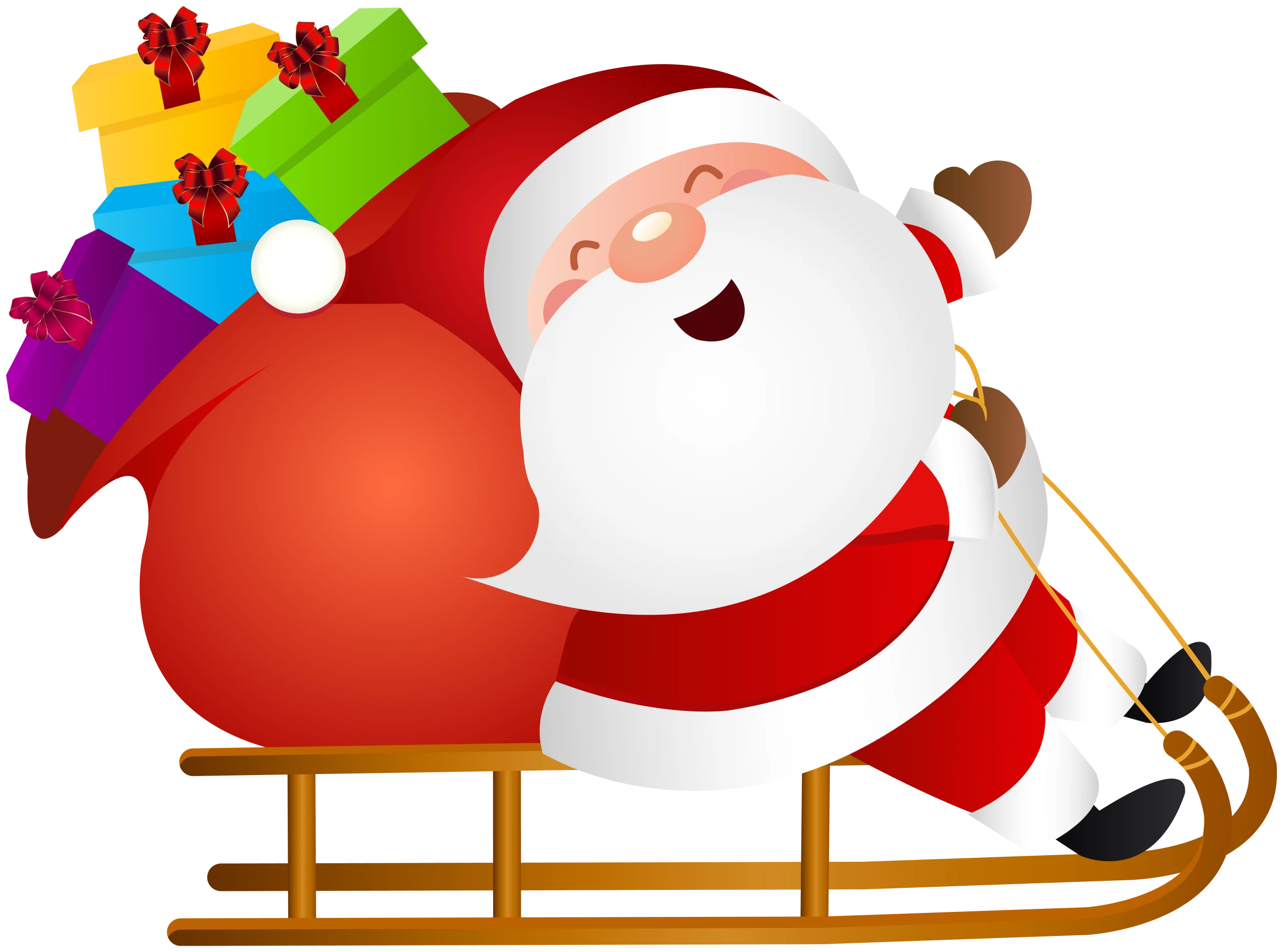 Festive Santa Claus Clipart: Jolly Saint Nick Riding Wooden Sleigh with Colorful Gifts