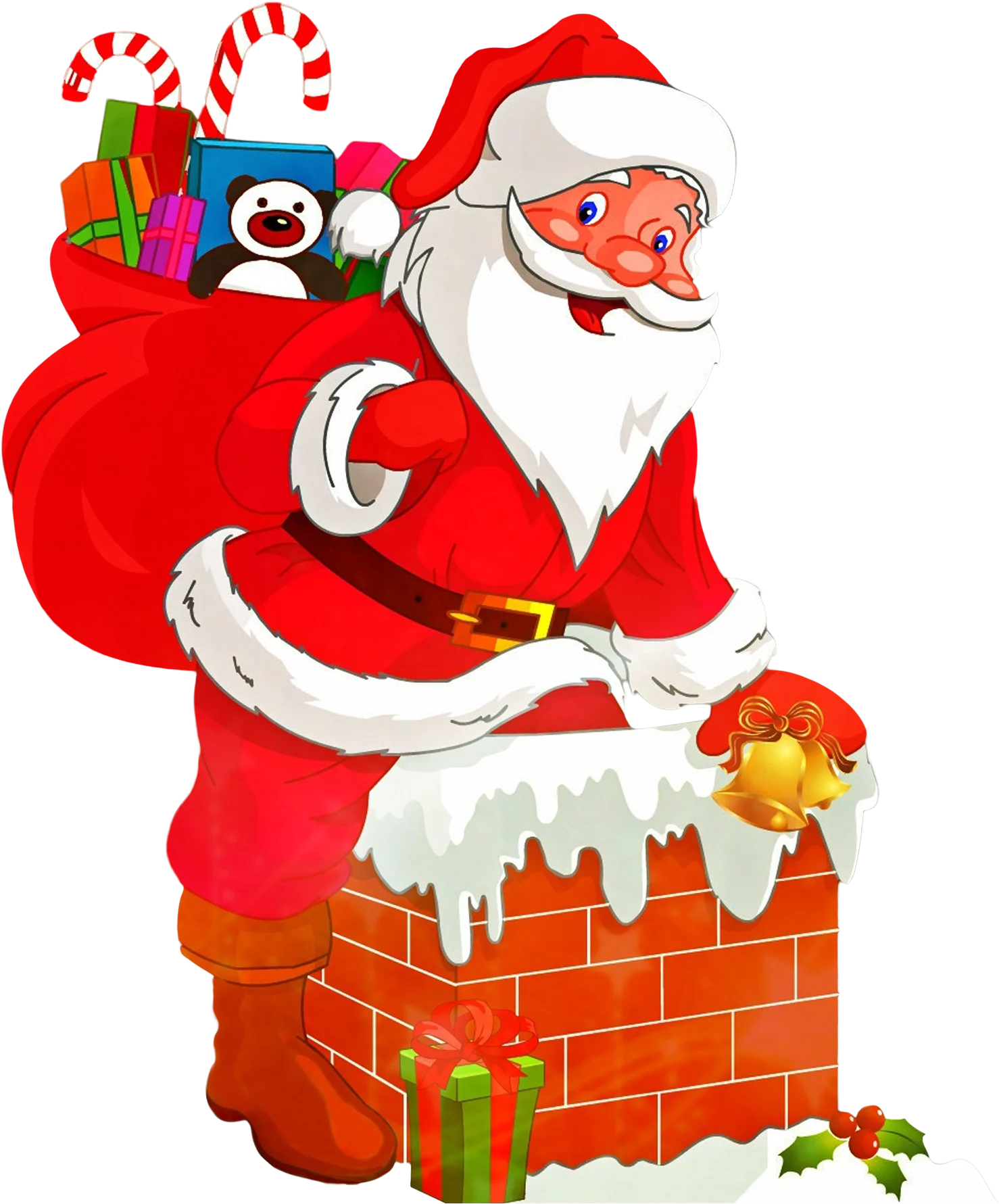 Jolly Santa Claus Clipart: Festive Christmas Scene with Chimney and Gifts